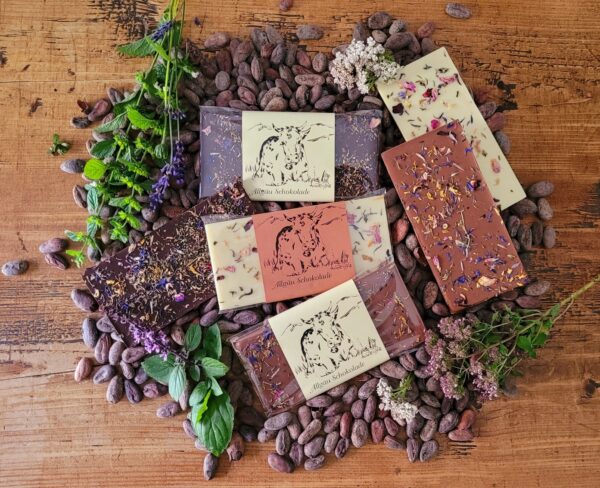 Allgäu Schokolade - Vollmilch, Zartbitter, Weiß mit Blüten, 80 g